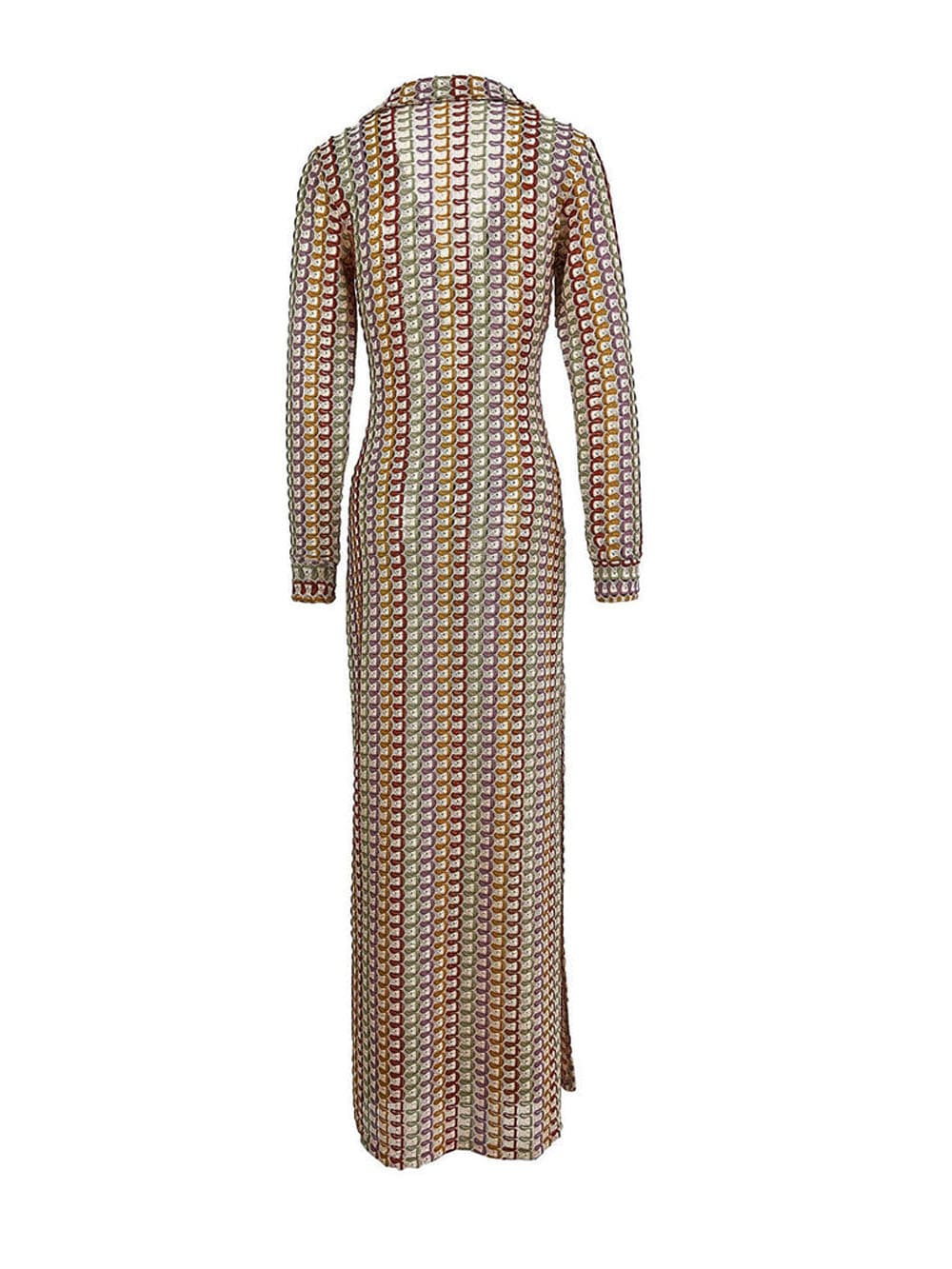 Boho Collared V Neck Split Wavy Striped Crochet Beach Vacation Maxi Dress Brown Mssaz Desses