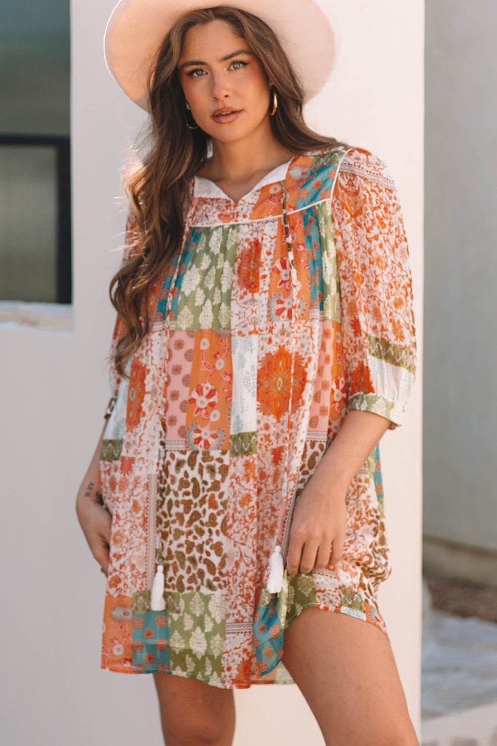 Orange Boho Paisley Mixed Print 3/4 Sleeve Chiffon Loose Dress Mssaz Desses