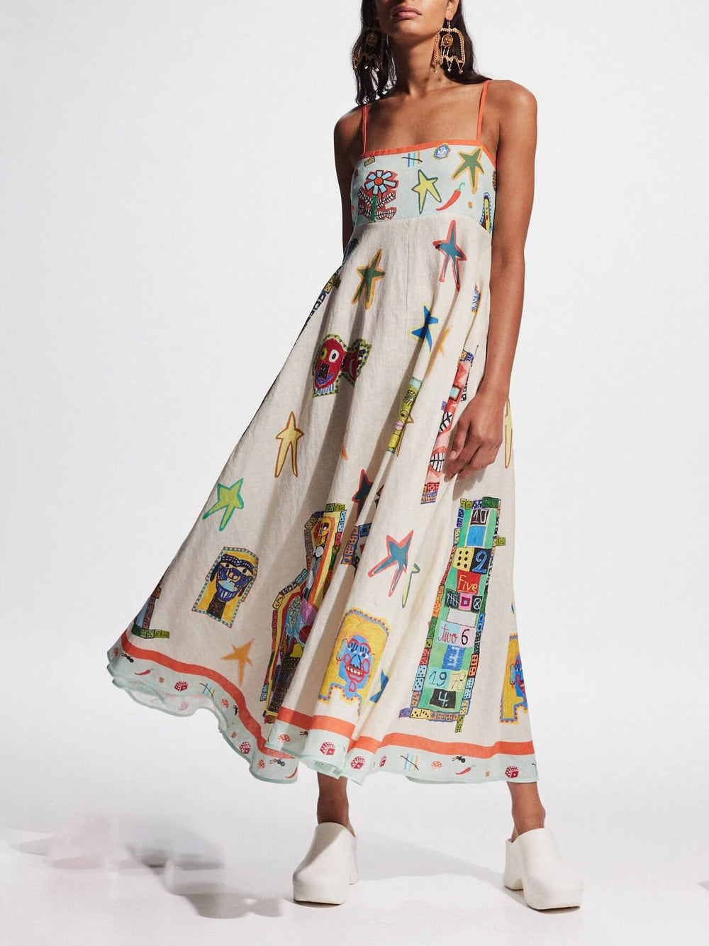 Unique Graffiti Print Suspenders Long Swing Maxi Dress Mssaz Desses