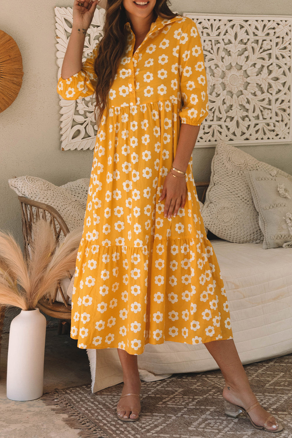 Yellow Flower Print Bracelet Sleeve Buttons Collared Maxi Dress Mssaz Desses