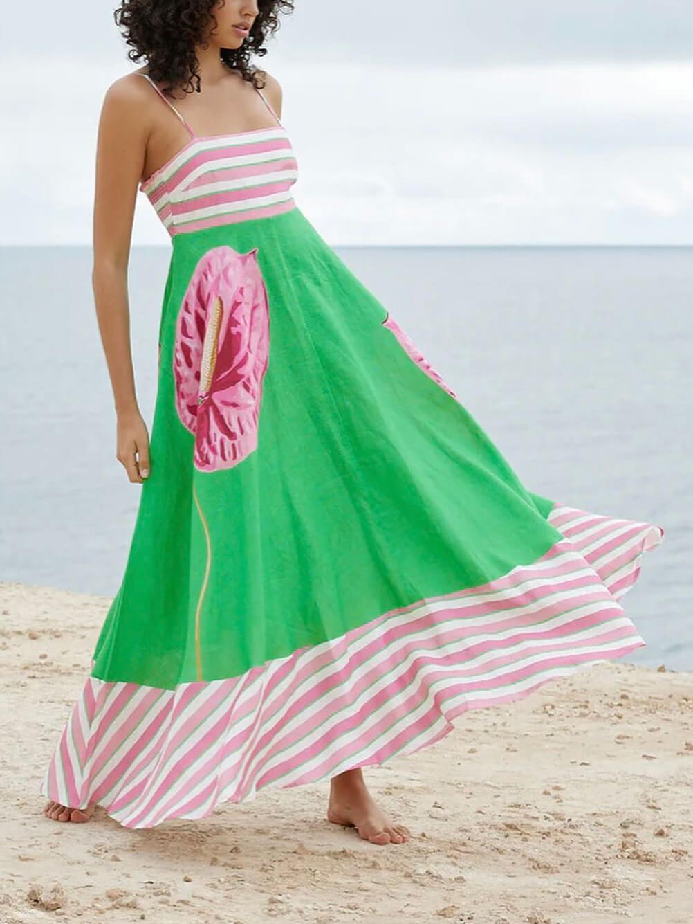 Floral Print Paneled Striped Suspender Mixi Dress Mssaz Desses