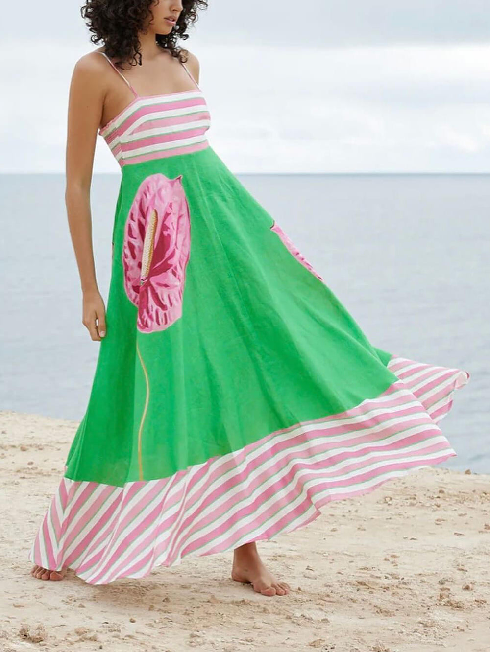 Floral Print Paneled Striped Suspender Mixi Dress Mssaz Desses