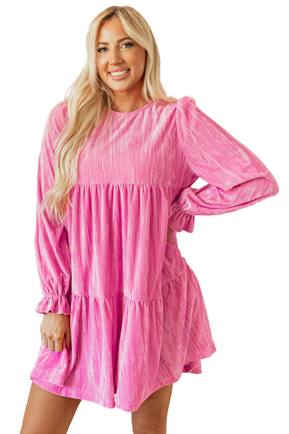 Strawberry Pink Flounce Sleeve Tiered Ruffled Velvet Mini Dress Mssaz Desses