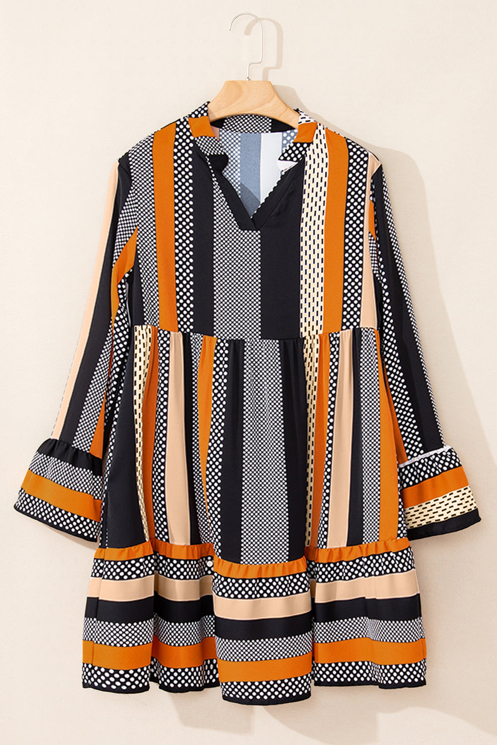 Black Striped Polka Dot Print Ruffled Hem V Neck Mini Dress Mssaz Desses
