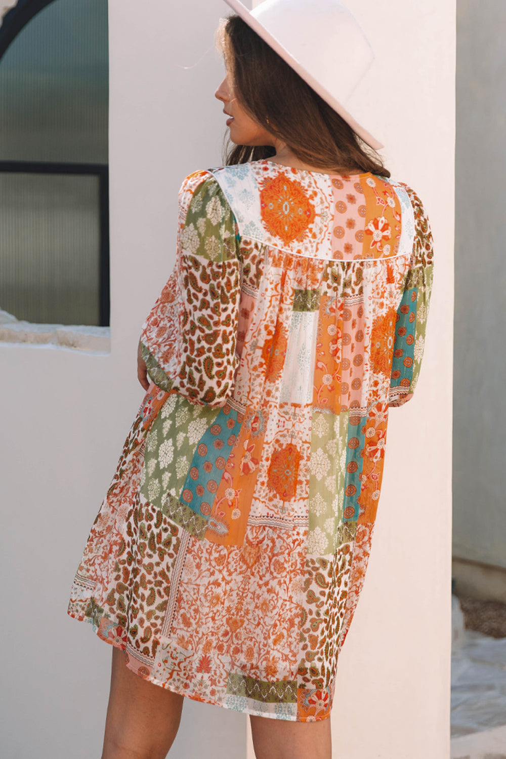 Orange Boho Paisley Mixed Print 3/4 Sleeve Chiffon Loose Dress Mssaz Desses