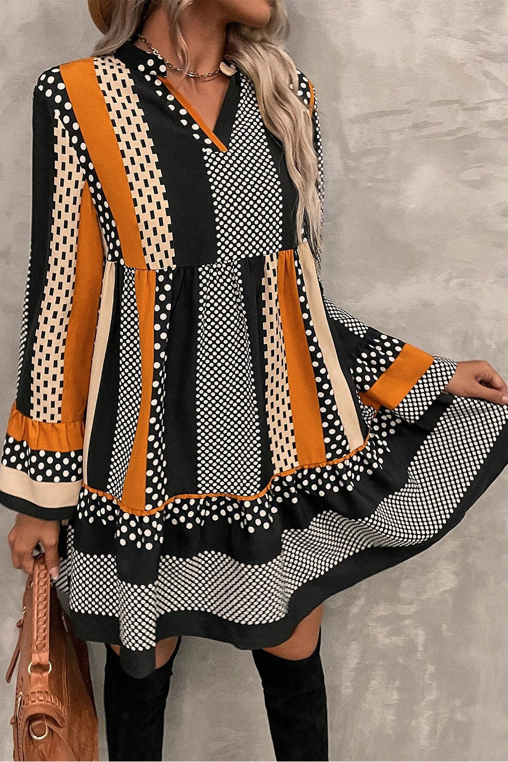 Black Striped Polka Dot Print Ruffled Hem V Neck Mini Dress Mssaz Desses