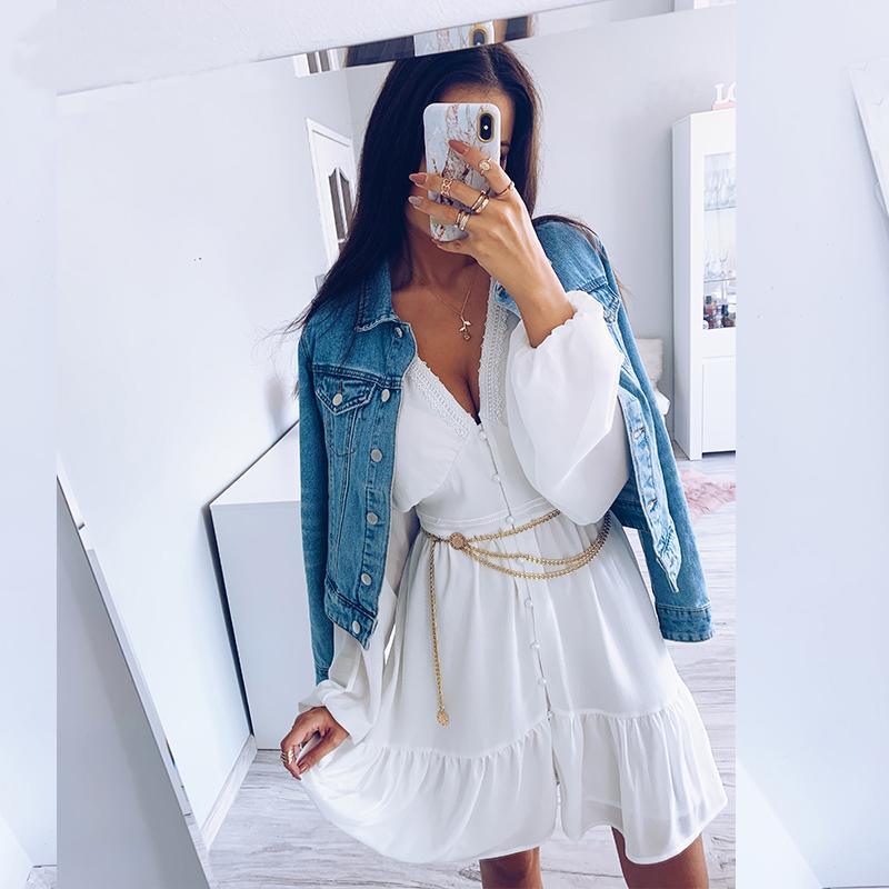 V Neck Spring  Dress Lace Long Sleeve Mini Party Dress Mssaz Desses