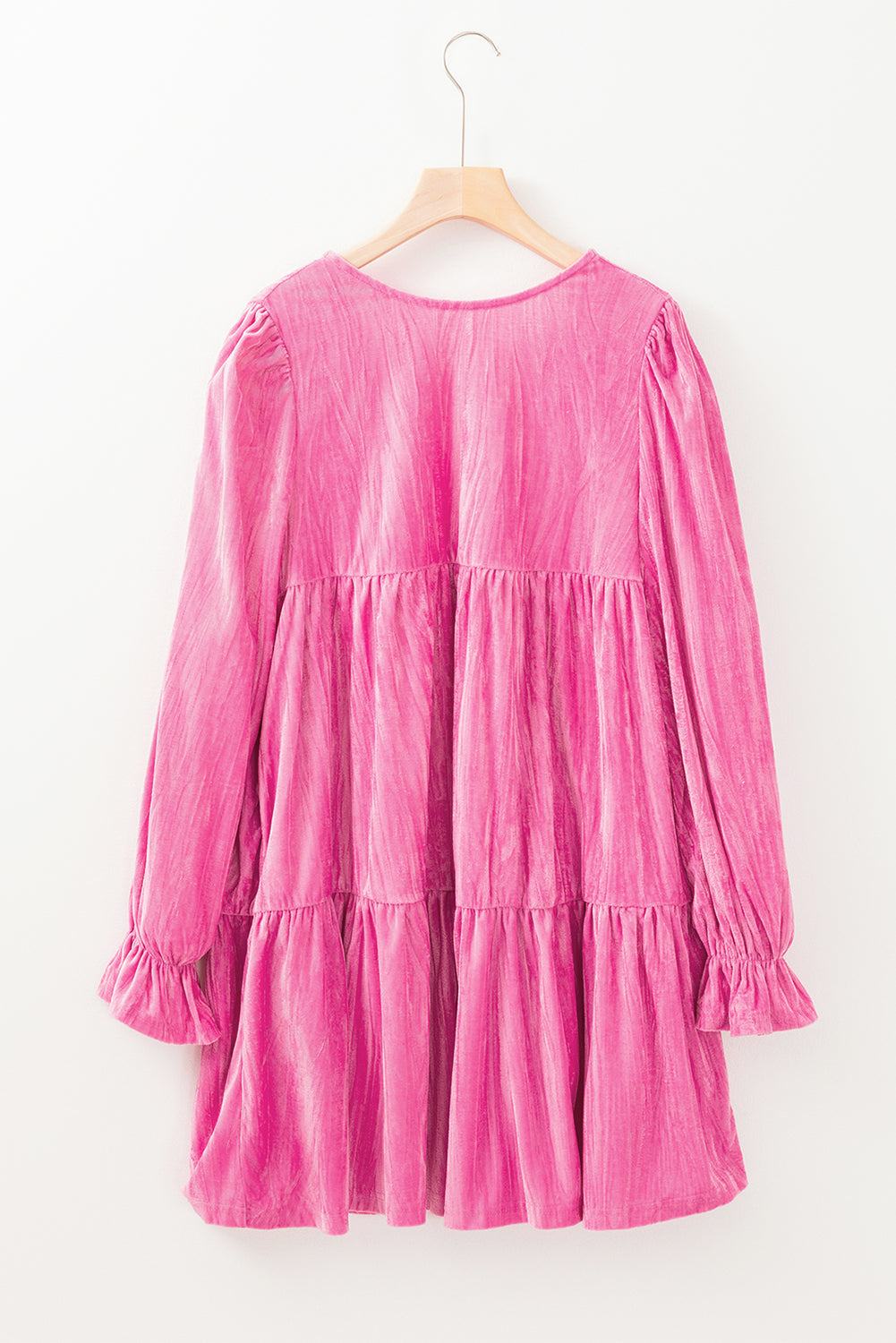 Strawberry Pink Flounce Sleeve Tiered Ruffled Velvet Mini Dress Mssaz Desses