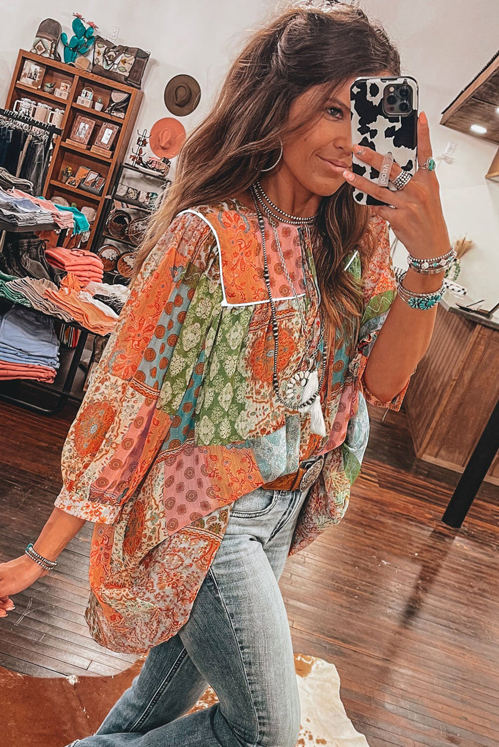 Orange Boho Paisley Mixed Print 3/4 Sleeve Chiffon Loose Dress Mssaz Desses