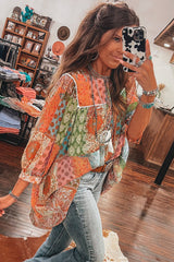 Orange Boho Paisley Mixed Print 3/4 Sleeve Chiffon Loose Dress Mssaz Desses