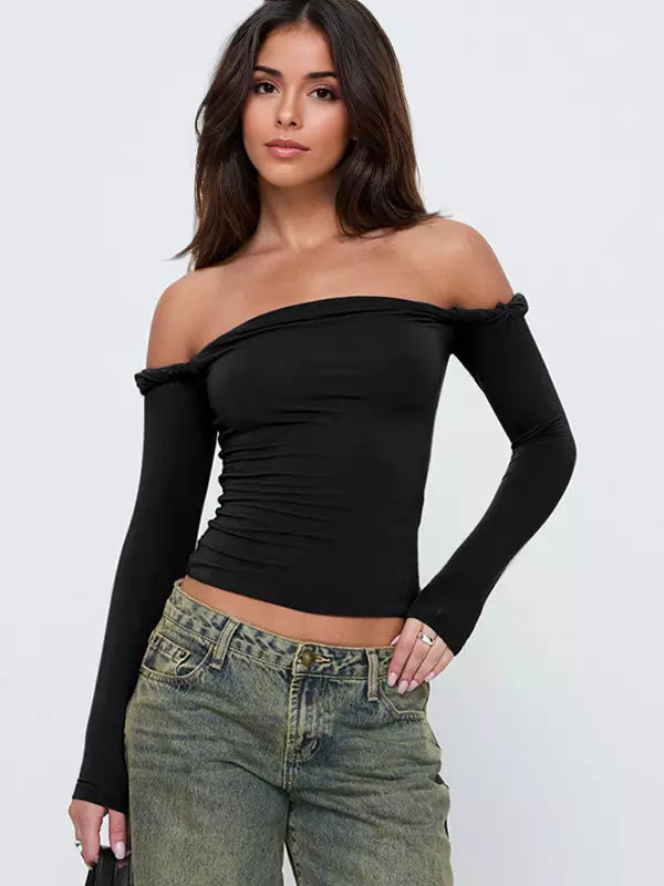 Elegant Bateau Off-shoulder Solid Color Long Sleeve T-shirt Mssza