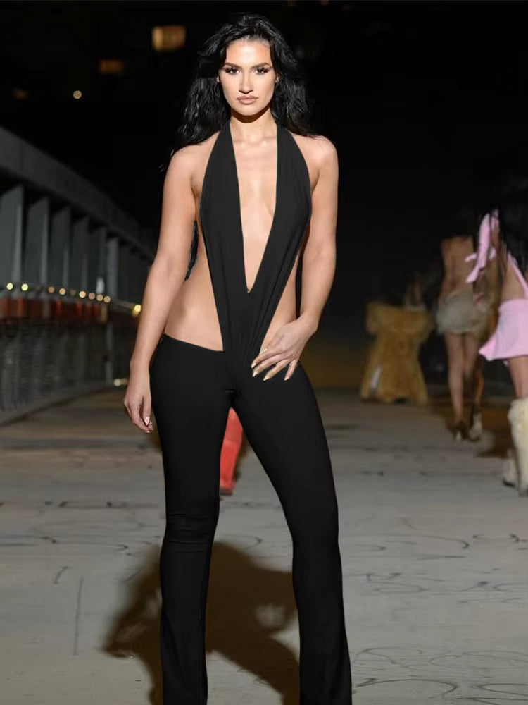 Trendy Irregular Hollow Bandage Halter Deep V-Neck Skinny Stretch Jumpsuits Mssza