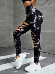 Trendy High Waist Hollow Out Tie Dye Stretchy Sports Leggings Mssza