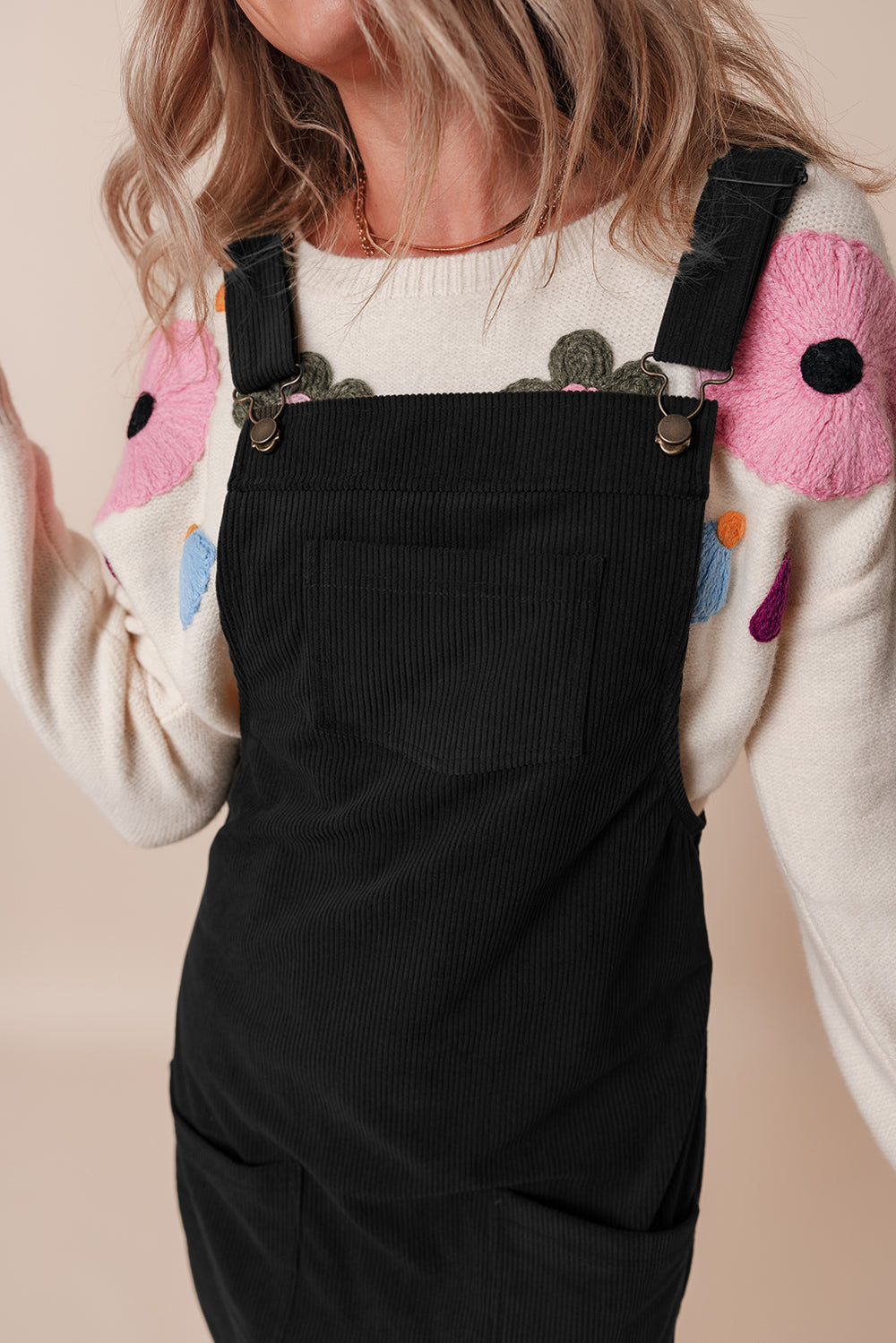 Black Solid Front Pockets Sleeveless Corduroy Overall Dress Mssaz Desses