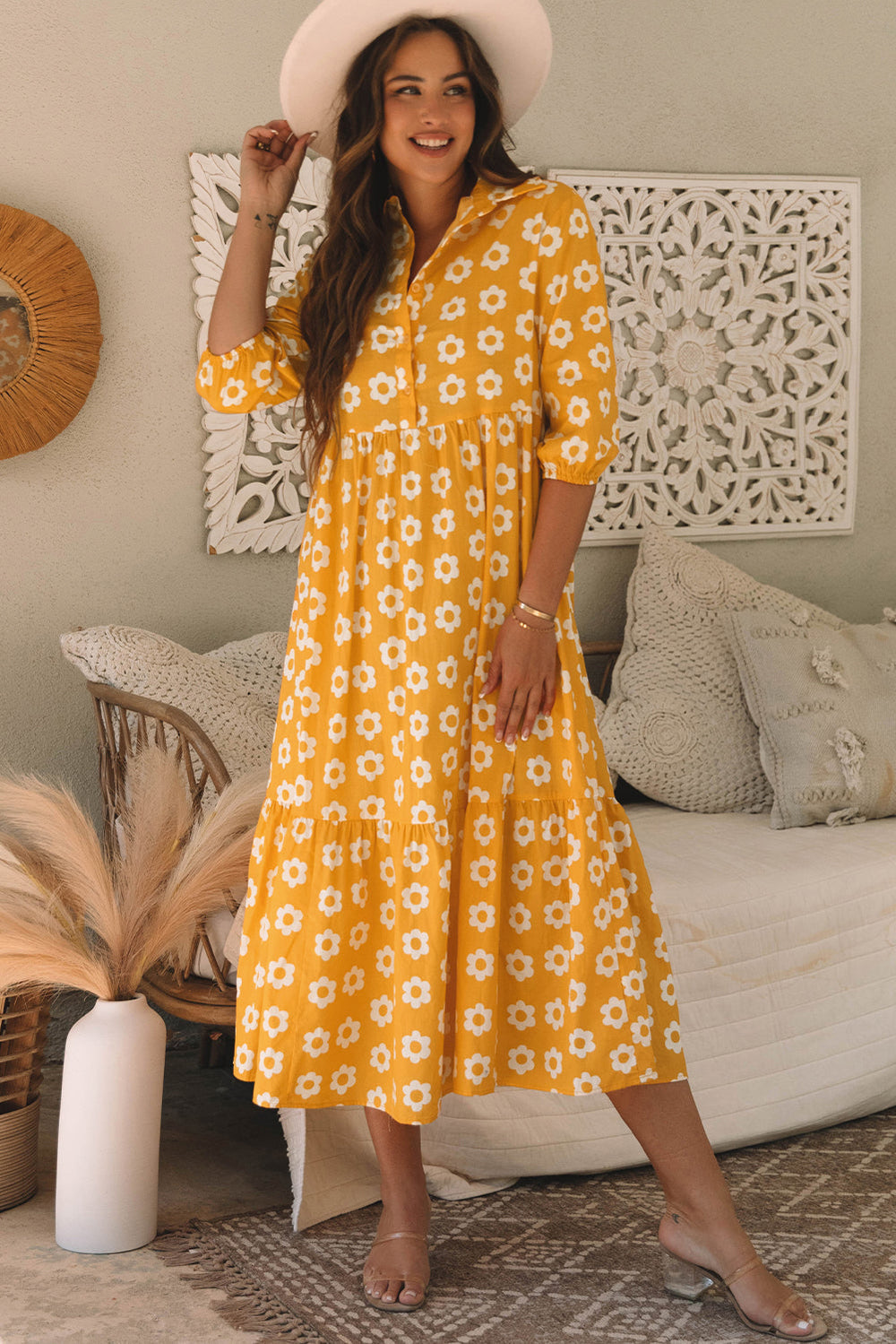 Yellow Flower Print Bracelet Sleeve Buttons Collared Maxi Dress Mssaz Desses