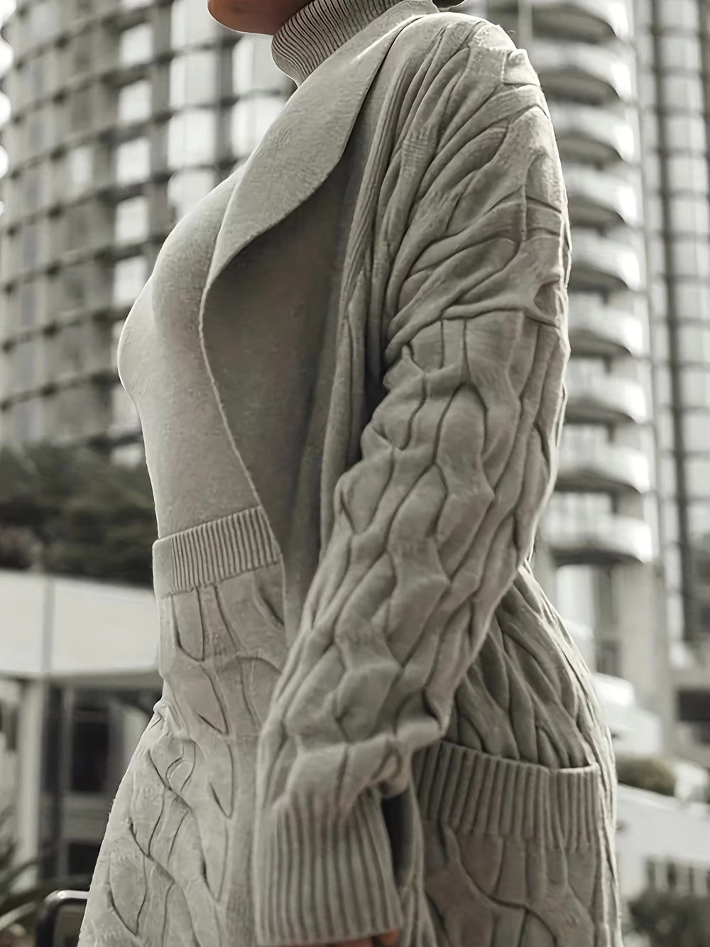 Front Pocketed Cardigan Sleek Sweater With High-Waist Skirt Three-Piece Knit Set Mssza