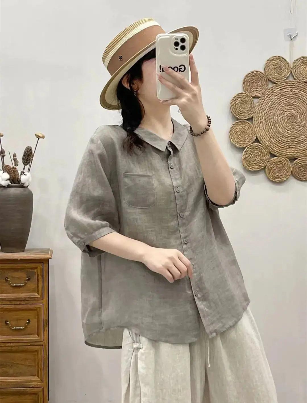 Breathable Turn-Down Collar Cotton Linen Pocket Retro Style Half Sleeve Loose Shirt Mssza