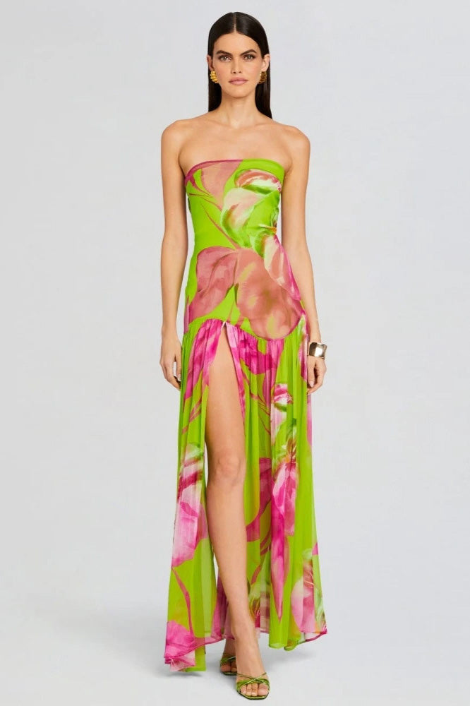 Pam Printed Strapless Slit Maxi Dress Mssaz Desses