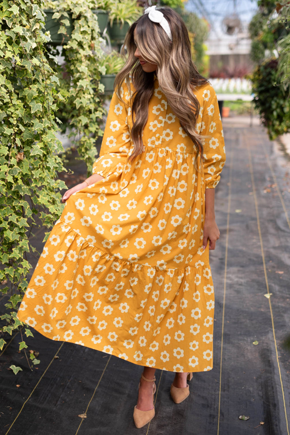 Yellow Flower Print Bracelet Sleeve Buttons Collared Maxi Dress Mssaz Desses