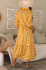 Yellow Flower Print Bracelet Sleeve Buttons Collared Maxi Dress Mssaz Desses