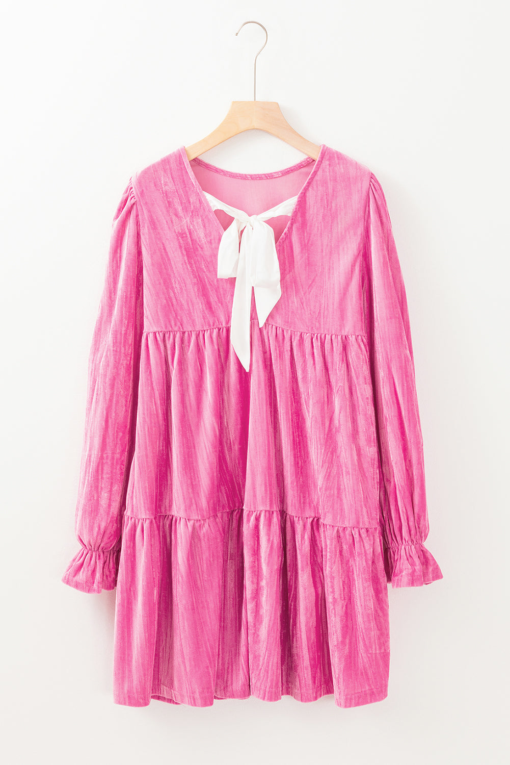 Strawberry Pink Flounce Sleeve Tiered Ruffled Velvet Mini Dress Mssaz Desses