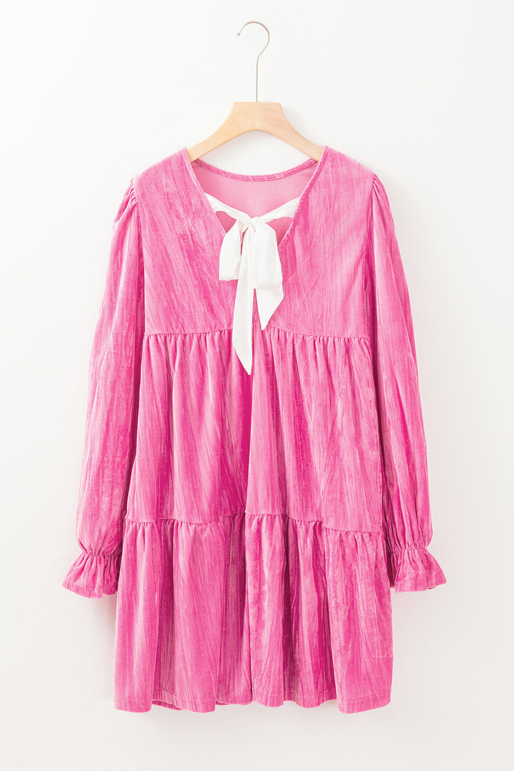 Strawberry Pink Flounce Sleeve Tiered Ruffled Velvet Mini Dress Mssaz Desses