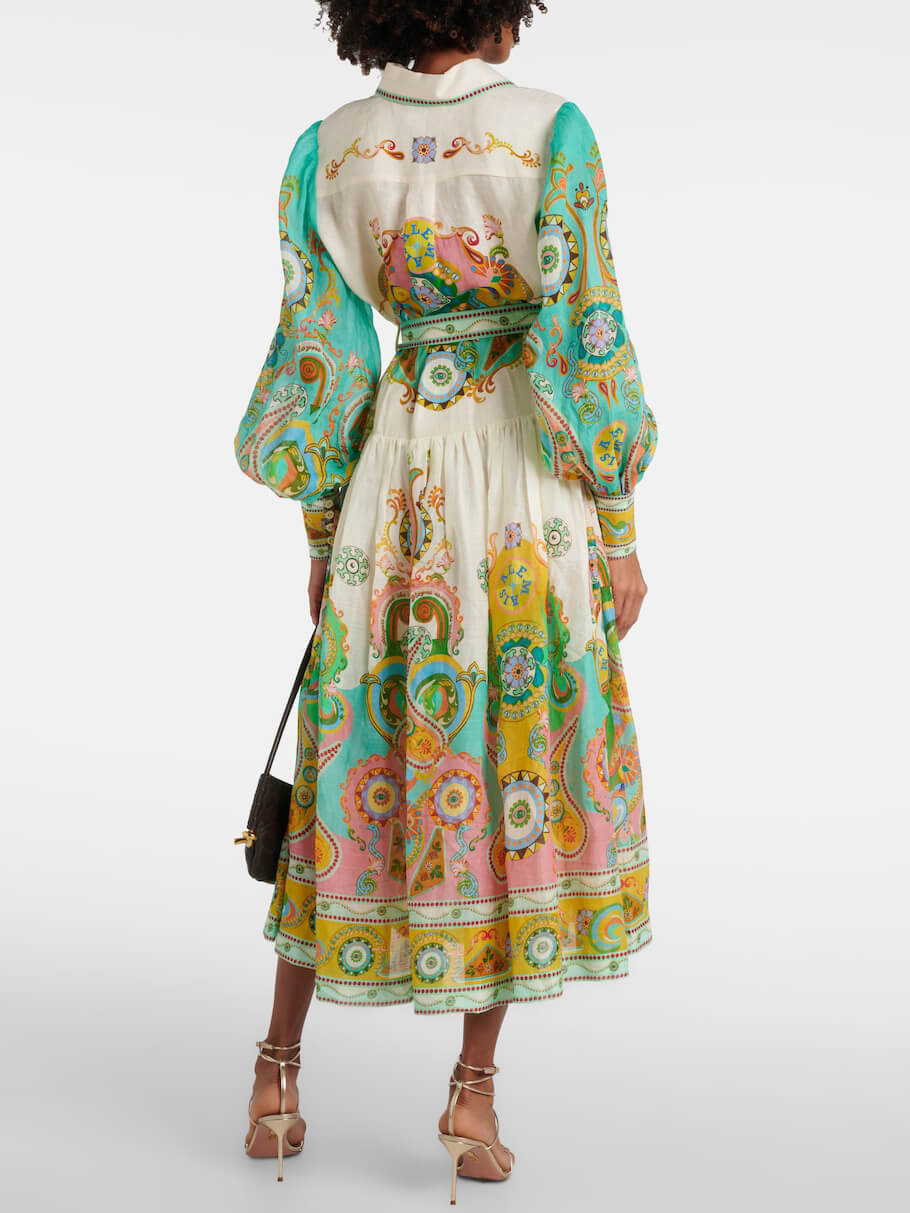 Unique Exquisite Print Puff Sleeve Tie Midi Dress Mssaz Desses