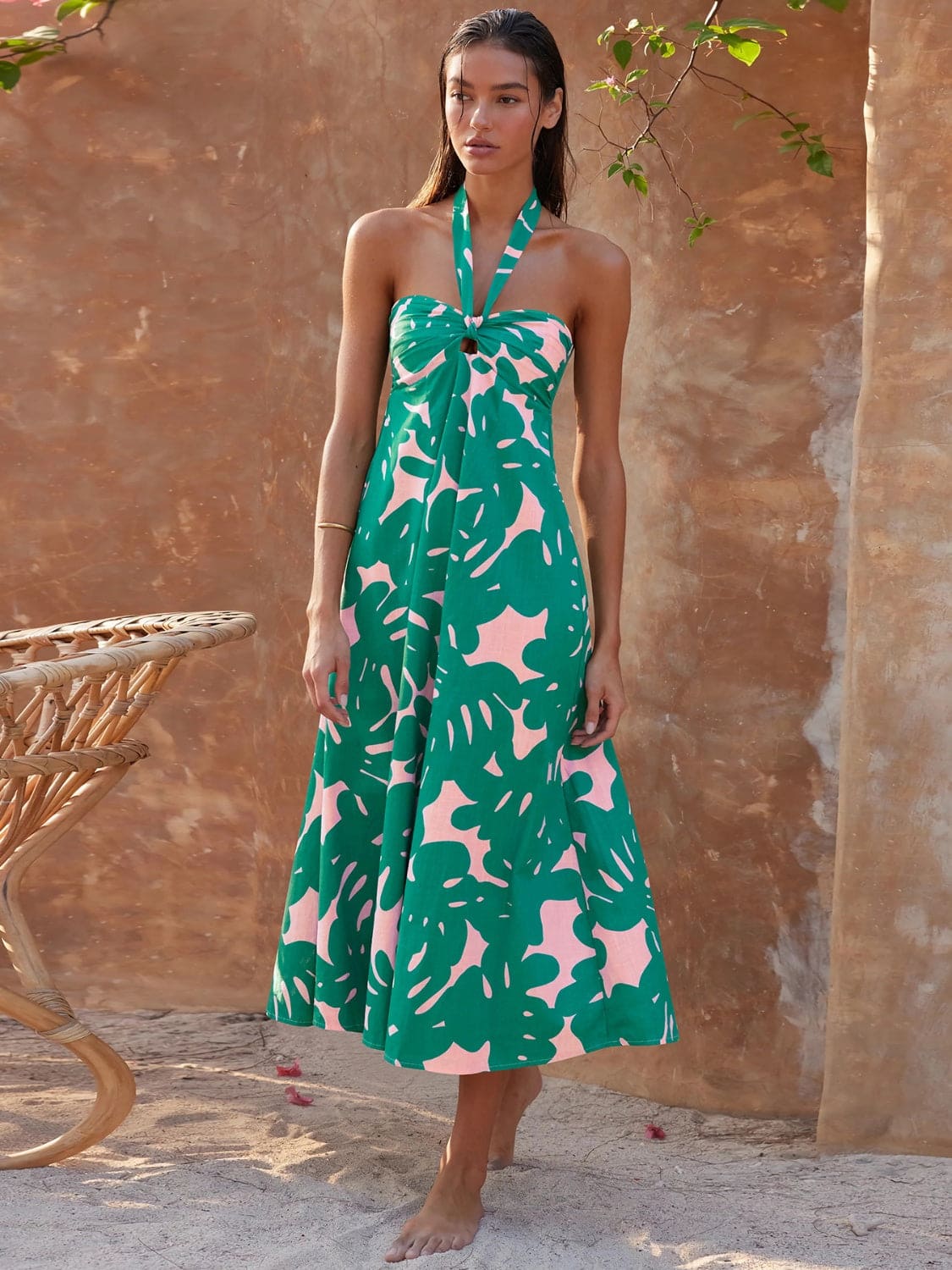 Loral Print Halter Maxi Dress-Green Mssaz Desses