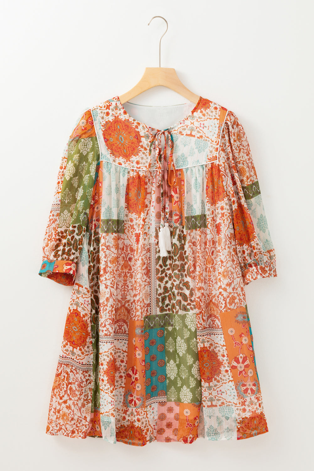 Orange Boho Paisley Mixed Print 3/4 Sleeve Chiffon Loose Dress Mssaz Desses