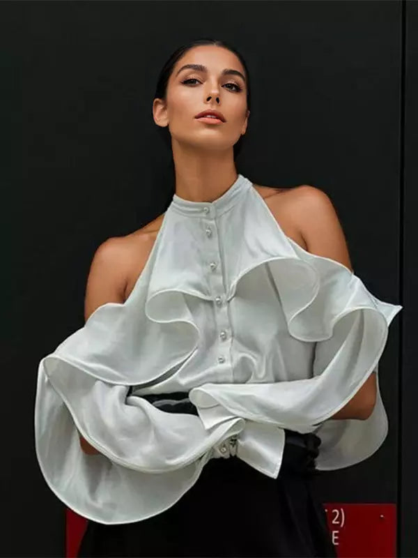 Elegant Pearl Button Open Shoulder Sleeve Ruffled Blouse Mssza