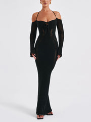 Backless Suspender Slim Hollow Long Sleeve Dress Mssaz Desses