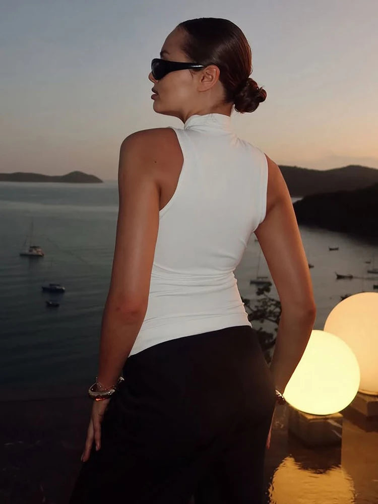 Elegant Metal Knot Solid Pleated Sleeveless Stretch Skinny Tank Tops Mssza