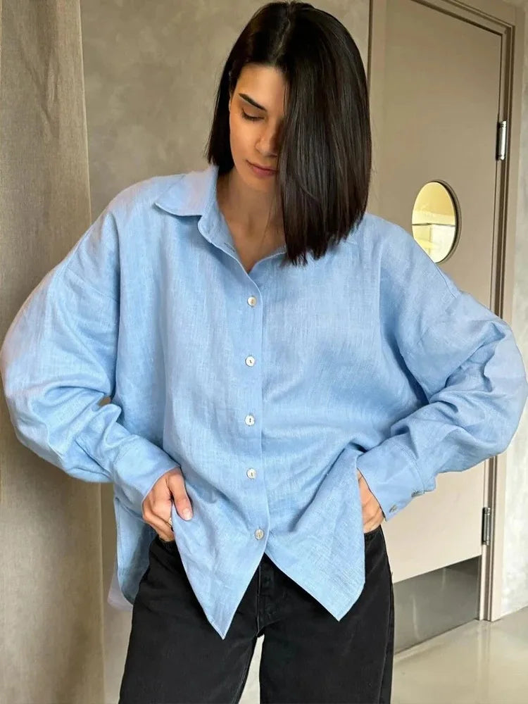 Elegant Turn Collar Solid Linen Long Sleeve Loose Shirts Mssza