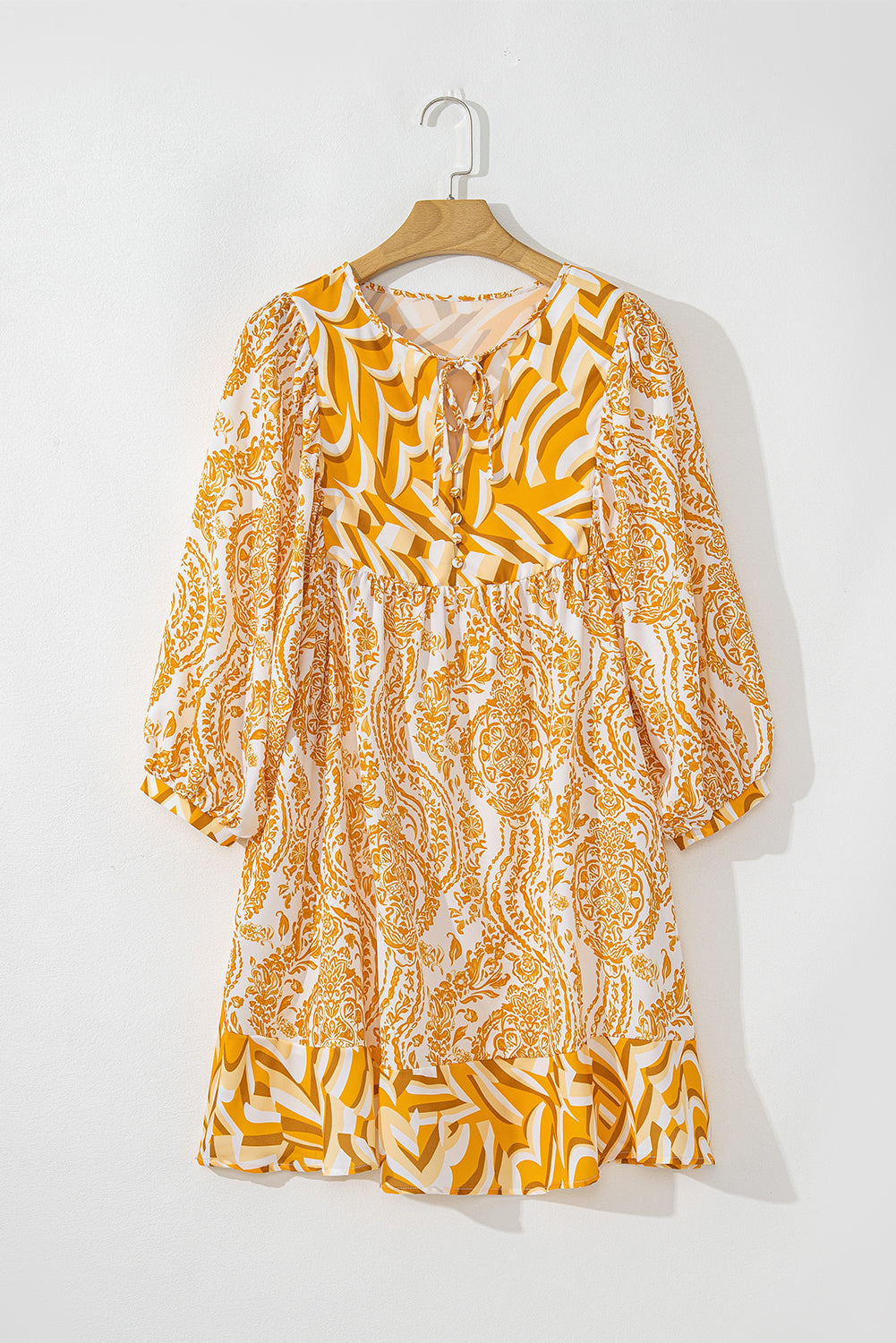 Orange Bohemian Print Puff Sleeve Tied V Neck Flared Mini Dress Mssaz Desses