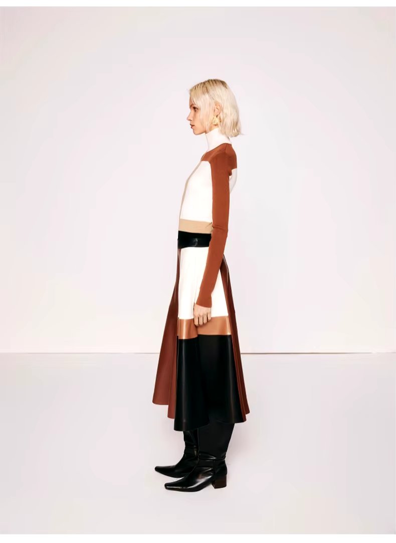 Pu Leather High Waist A line Patchwork Elegant And Vintage Mini Skirts Mssza