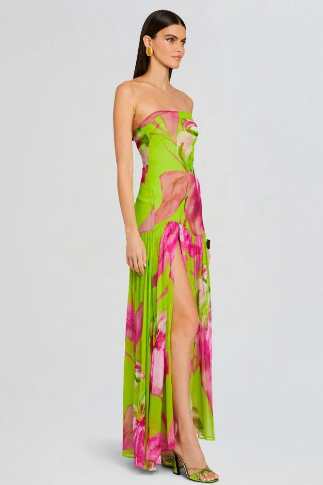 Pam Printed Strapless Slit Maxi Dress Mssaz Desses