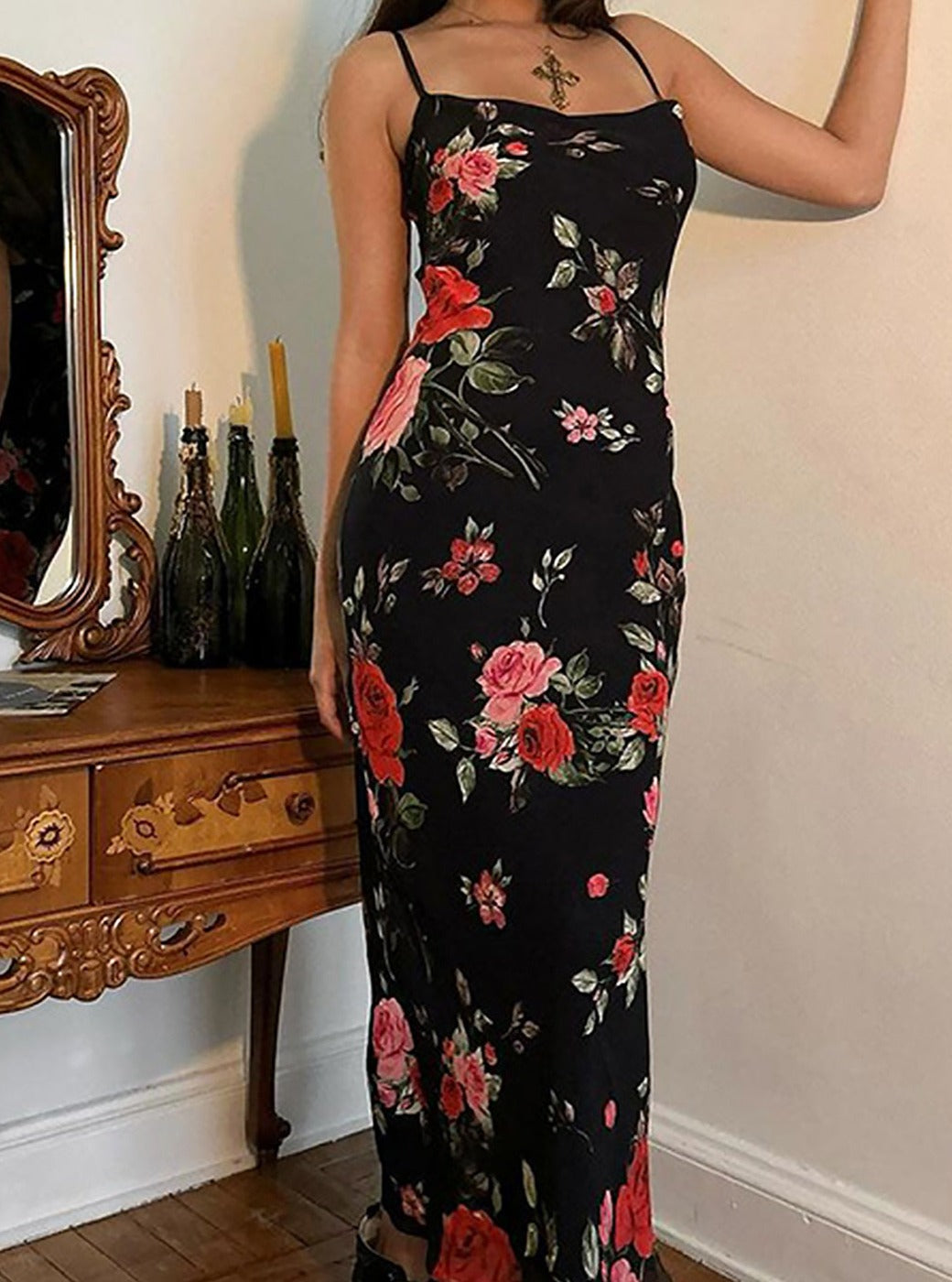 Floral Print Mesh Spaghetti Strap Maxi Dress Mssaz Desses