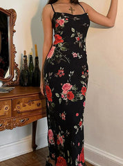 Floral Print Mesh Spaghetti Strap Maxi Dress Mssaz Desses