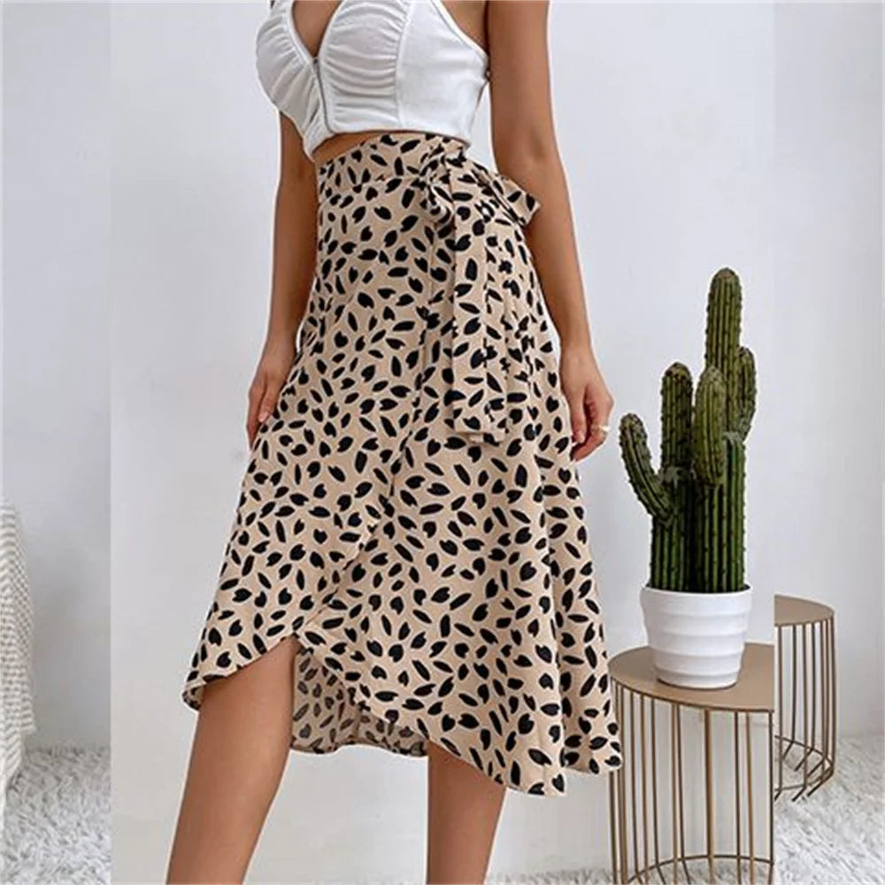 A Line Asymmetrical Print Tie Side High Waist Knee Length Elegant Skirts Mssza