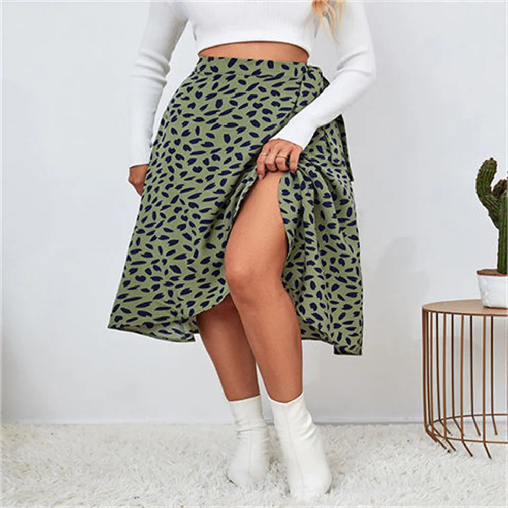 A Line Asymmetrical Print Tie Side High Waist Knee Length Elegant Skirts Mssza