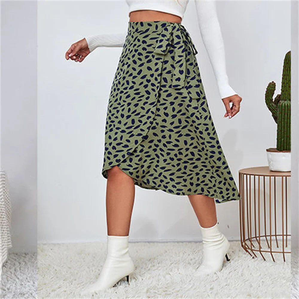 A Line Asymmetrical Print Tie Side High Waist Knee Length Elegant Skirts Mssza