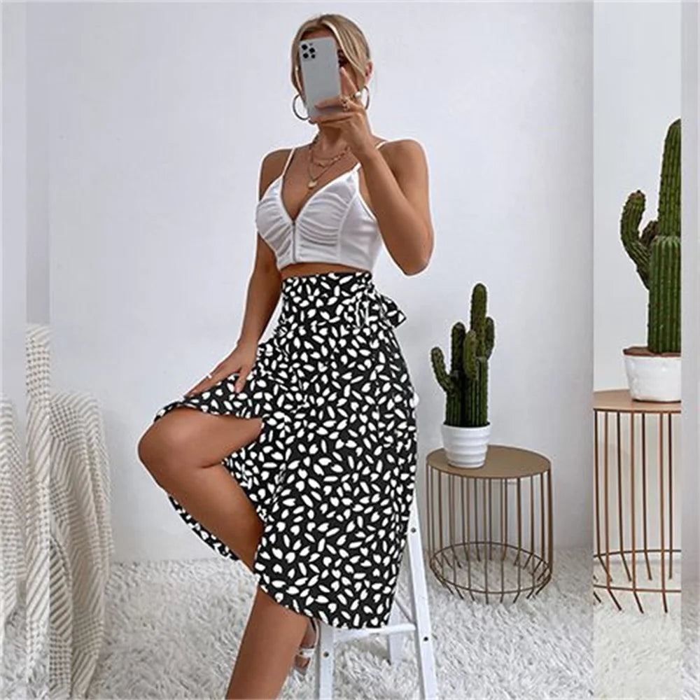 A Line Asymmetrical Print Tie Side High Waist Knee Length Elegant Skirts Mssza