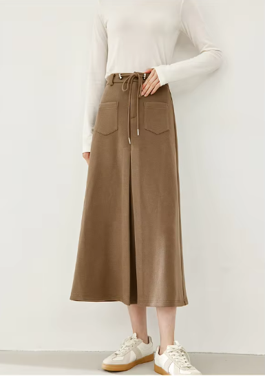 A-Line Cargo Style Thick Waist Solid Elegant And Vintage Midi Skirt Mssza