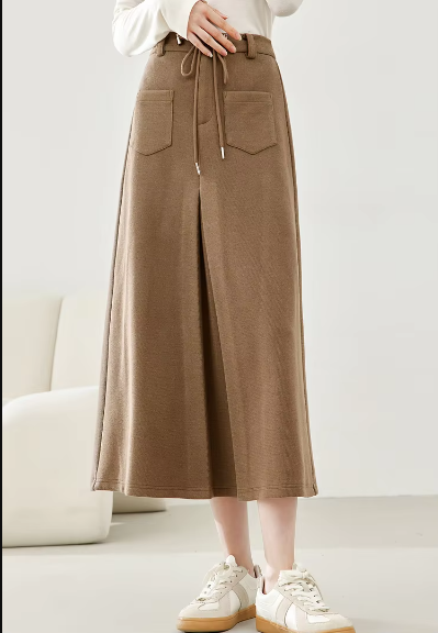 A-Line Cargo Style Thick Waist Solid Elegant And Vintage Midi Skirt Mssza