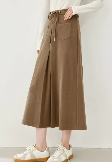 A-Line Cargo Style Thick Waist Solid Elegant And Vintage Midi Skirt Mssza