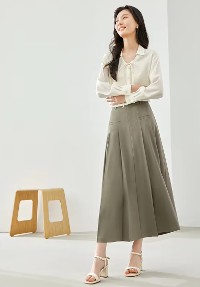 A-Line Casual Pelated Solid Elegant And Vintage Midi Skirts Mssza