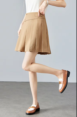 A-Line Solid Pleated Preepy Elastic Waist Elegant Mini Skirt Mssza