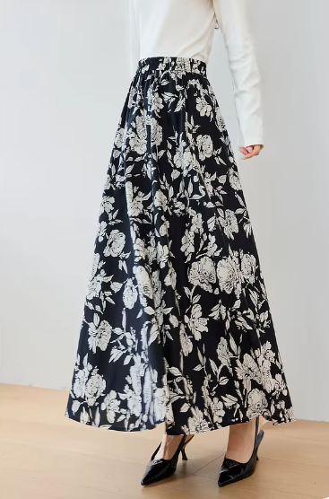 A-Line Floral Printed Waist Style Elegant And Vintage Midi Skirts Mssza