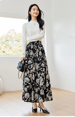 A-Line Floral Printed Waist Style Elegant And Vintage Midi Skirts Mssza