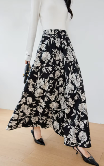 A-Line Floral Printed Waist Style Elegant And Vintage Midi Skirts Mssza
